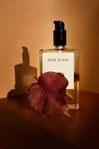 A glass bottle of body oil withh a dried leaf drizzled in oil in the forground set against neautral toned backdrop with warm light and a shadow of the bottle behind it